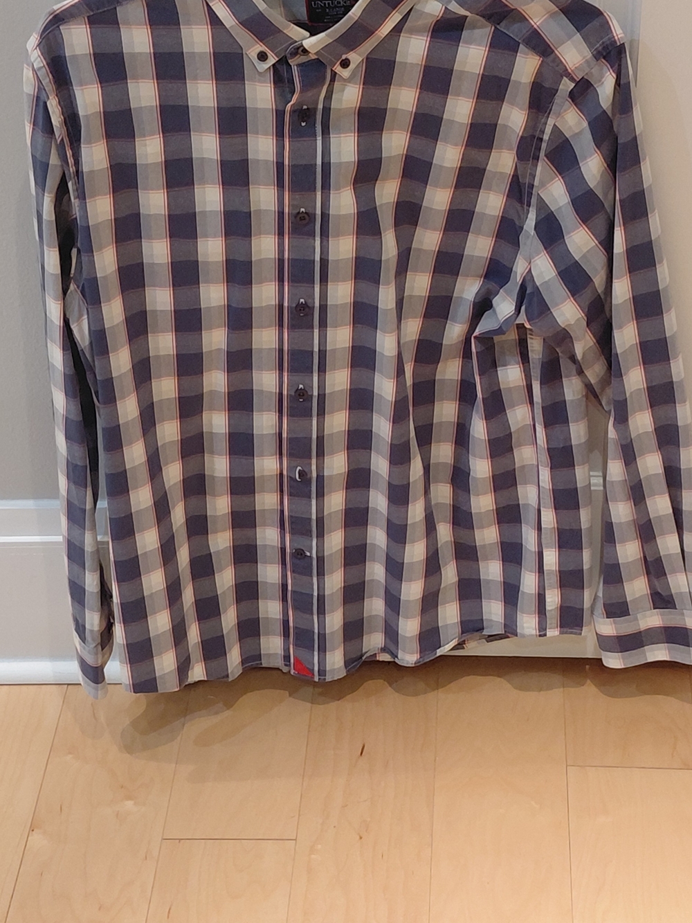 UNTUCKit Men's Navy and White Plaid Button-Down Shirt with Red Accents